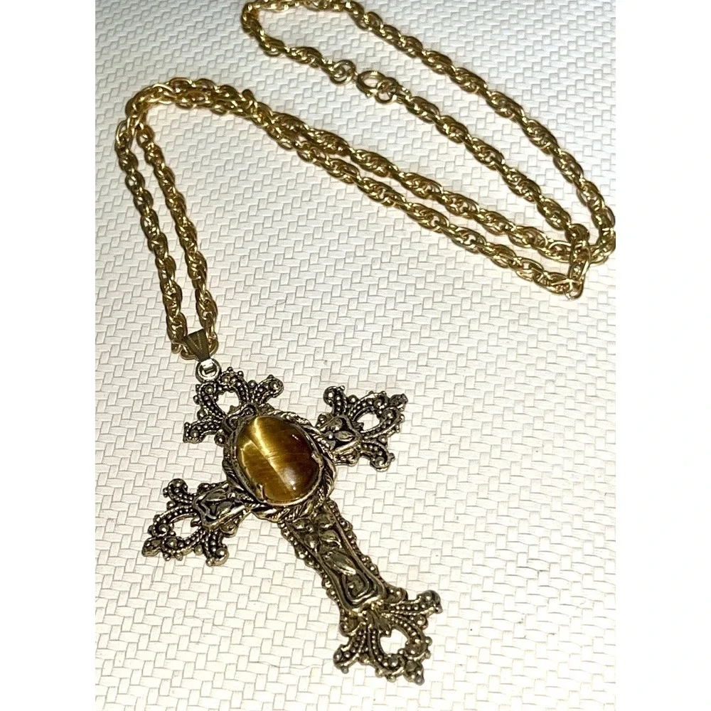 Vintage Ornate Tiger's Eye Cross Pendant Necklace Gold Tone Victorian 24